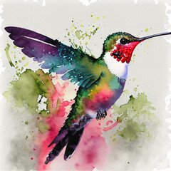 Ruby throated hummingbird, in a colorful watercolor style. Generative AI
