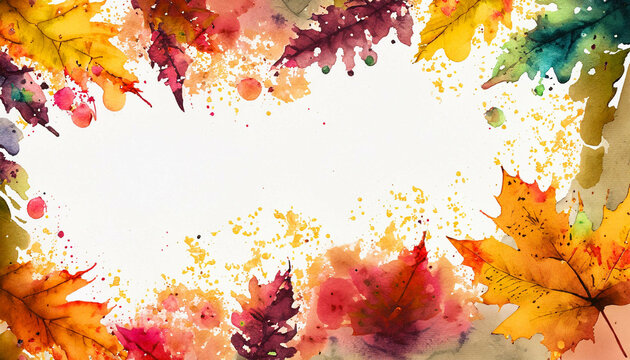 A frame of colorful fall leaves, in a colorful watercolor style. Generative AI
