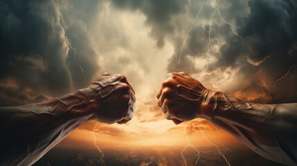 Fight, two fists hitting each other over dramatic sky. - obrazy, fototapety, plakaty