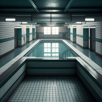an empty indoor swimming pool with subway tile everywhere no people or other things 1987 movie 1980 cinematic shot photo taken by ARRI canon fuji kodak ultra realistic hyper detailed 70mm lens 