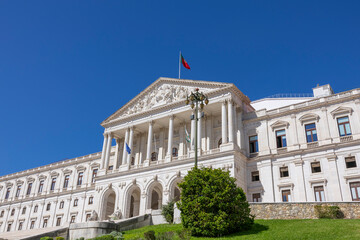 Fototapeta na wymiar Facade of Sao Bento Palace (Palacio de Sao Bento) building of the Portuguese Parliament (Parlamento de Portugal).
