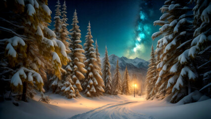 Nighttime view of a snow-covered forest illuminated by a light in the background, with tall pine trees covered in snow in December	 - obrazy, fototapety, plakaty