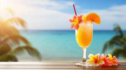 A marine background with tropical orange cocktail decorated with Plumeria or Frangipani flower.