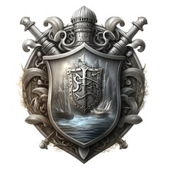 logo crest of a fantasy city silver shield with crossed swords anchor seafaring theme 