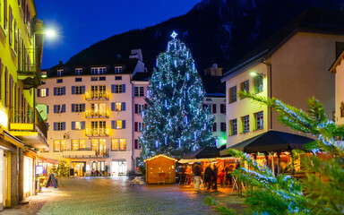 Evening landscape of Christmas city streets in Brig, Switzerland