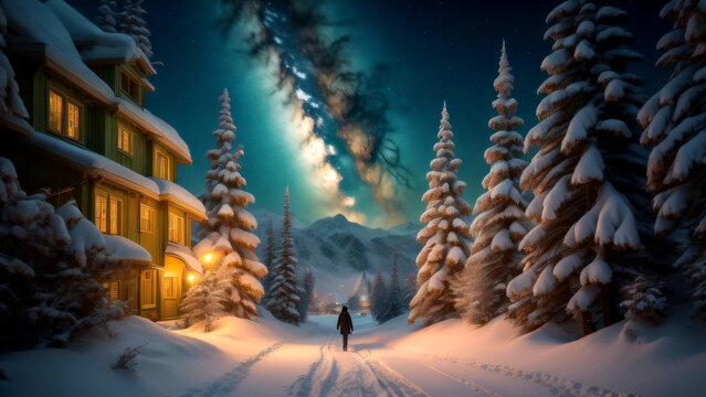 Background of a sunset in Canada in the snowy mountains with a cabin adorned with lights and a person walking through the snow