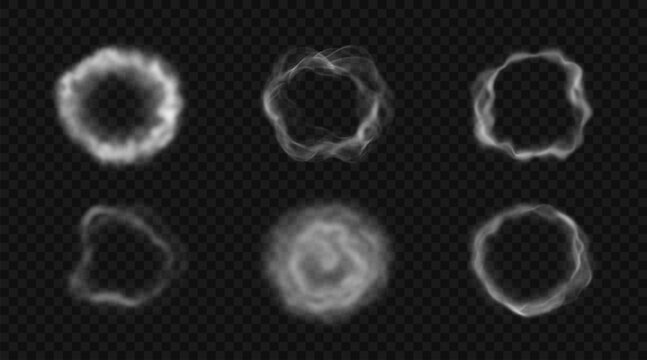 Set of round steam, fog. Vector illustration. Vector illustration of various circle haze, smog and mist isolated on transparent backdrop