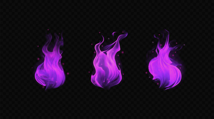 Bright lilac flame with sparkles. Vector illustration. Set of magic burning fire isolated on transparent backdrop