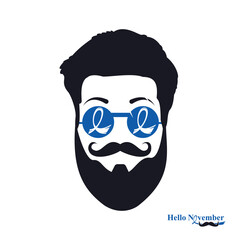 Prostate cancer awareness month. Men's health concept. Mustaches and blue ribbon background. 