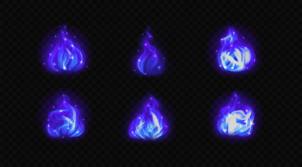 Blue magic fire isolated on transparent background. Vector design elements with glowing swirl flames with sparkles