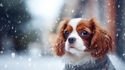 Cavalier King Charles Spaniel in Winter Snowfall in the snow in winter on the street under the flakes of falling snow. Soft focus, blurred background. Merry Christmas and Happy New Year