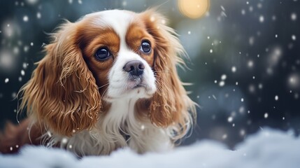 Cavalier King Charles Spaniel in Winter Snowfall in the snow in winter on the street under the flakes of falling snow. Soft focus, blurred background. Merry Christmas and Happy New Year