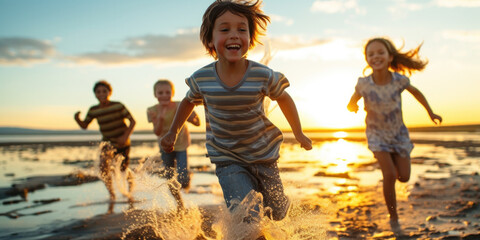 Kids running in the sand and shallow sea on a sunset / sunrise beach paradise — Joyful, happy, cinematic photography of children - obrazy, fototapety, plakaty