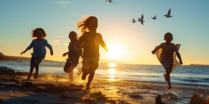 Kids running in the sand and shallow sea on a sunset / sunrise beach paradise — Joyful, happy, cinematic photography of children