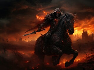 Black horseman of the apocalypse with sword riding black horse AI