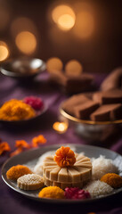 Obraz na płótnie Canvas Rangoli. rice and sweets for Diwali celebration.