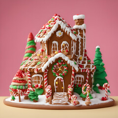 Gingerbread house in the shape of a Christmas tree on a pink background