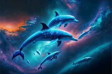 dolphin pod swimming across the cosmos chromatic background high quality 8k vibrant colors highly detailed 