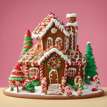 Gingerbread house in the shape of a Christmas tree on a pink background © Waqar