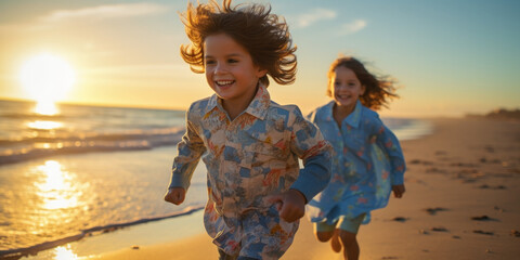 Closeup of kids running in the sand and shallow sea on a sunset / sunrise beach paradise — Joyful, happy, cinematic photography of children - Powered by Adobe