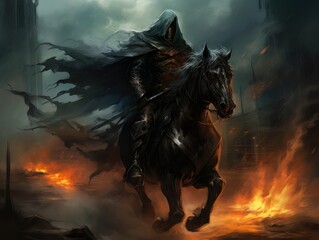 Black horseman of the apocalypse riding black horse AI