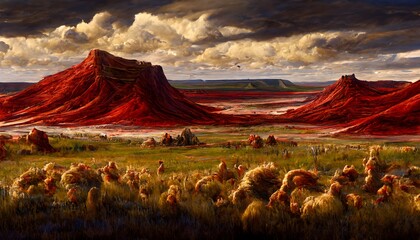 red plateau next to amber plains on a windy day Colorado plateau blue skyline vultures beautiful landscape fantasy art hyper realistic 