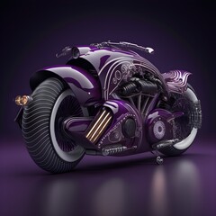 an art deco designed futuristic dark royal purple and white motorcycle highly detailed hyperrealistic soft lighting product photography 