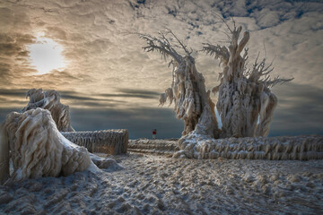 Strange Ice Formations on Pier in Lake Erie, Canada, Day after Winter Storm, stormy sky