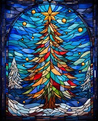 Winter seasonal stainglass window in an illustration style.