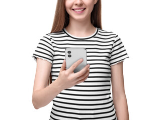 Happy woman sending message via smartphone on white background, closeup