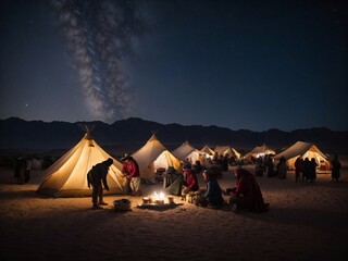Nomads setting up their traditional tents at night in desert