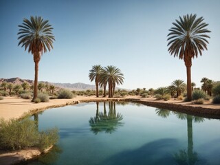 Fototapeta na wymiar A desert oasis with date palm trees surrounding a tranquil pond reflecting the scene