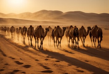 A caravan of camels walking together in desert
