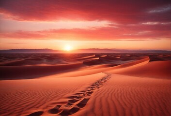 A vast desert landscape with rolling sand dunes under a crimson sunset