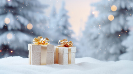gift boxes on white snow with blur pine forest in winter background