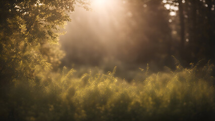 Sunset in the meadow with sunbeams shining through the trees