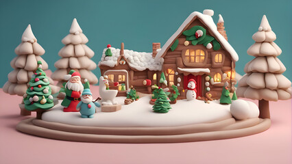 3D rendering of a Christmas scene with gingerbread houses and Santa Claus