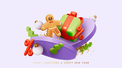 Obraz premium Merry Christmas and Happy New Year. Festive composition with realistic 3d decorative design elements in cartoon style. Gingerbread man, Christmas gifts box on round podium stand. Vector illustration