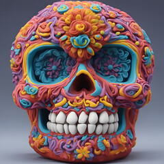 3d illustration of colorful skull with floral pattern. Halloween concept.
