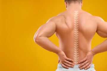Muscular man on orange background, back view. Illustration of spine - obrazy, fototapety, plakaty