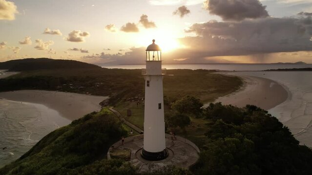 Aerial view of the Farol das Conchas lighthouse and beaches of Ilha do Mel, Paranagu&aacute;, Paran&aacute;, South, Brazil