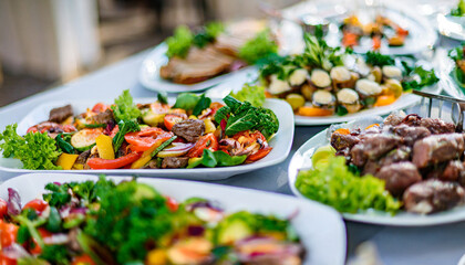 catering buffet food delicious colorful meat and vegetable dishes celebration party  - obrazy, fototapety, plakaty