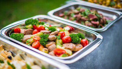 catering buffet food delicious colorful meat and vegetable dishes celebration party  - obrazy, fototapety, plakaty