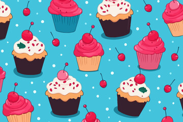 Cupcake quirky doodle pattern, wallpaper, background, cartoon, vector, whimsical Illustration