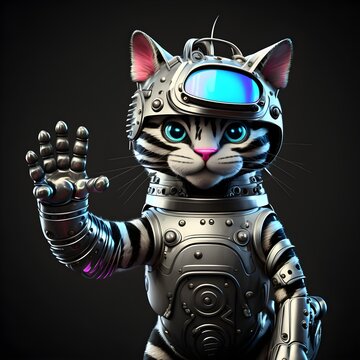 smart and friendly catrobot character with slight zebra pattern metal helmet slightly smiling waving with hand as a welcome holding video camera front facing portrait style pixar Blacklight Painting 
