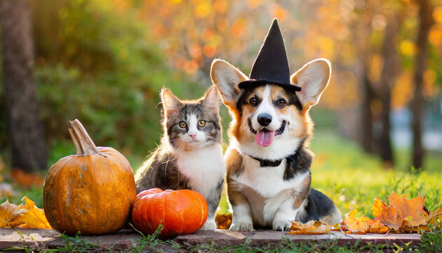 cute corgi dog in fancy black hat and striped cat sitting in autumn park with pumpkin for ha