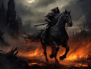 Obraz na płótnie Canvas Black horseman of the apocalypse with sword riding black horse AI