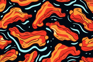 Frying bacon quirky doodle pattern, wallpaper, background, cartoon, vector, whimsical Illustration