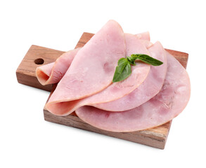 Slices of tasty ham and basil isolated on white