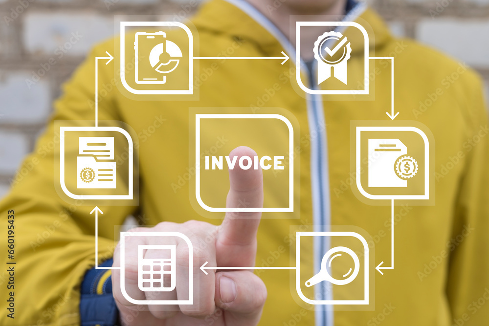 Poster man using virtual touch interface presses word: invoice. concept of online digital e-invoice and sta